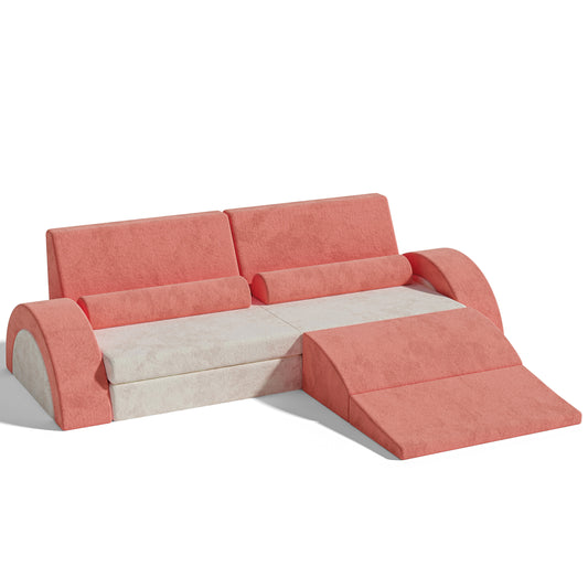 PORKISS 11 PCS Modular Kids Play Couch, Foam Toddler Sofa Couch for Kids Girls Boys, DIY Creativing Modular Kids Sofa, Modern Floor Couch for Kids Playroom, Bedroom, Pink/White