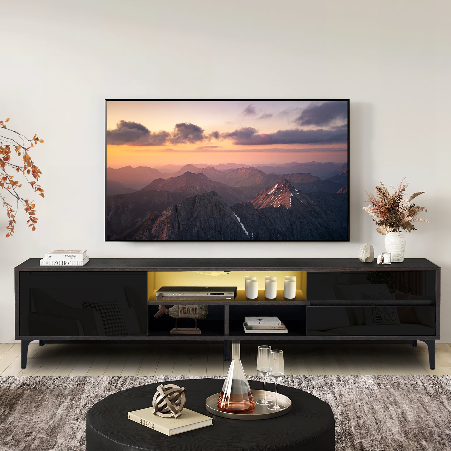 PORKISS TV Stand for TVs up to 70", Entertainment Center with LED Light, TV Console Cabinet with Shelves, Black Brown