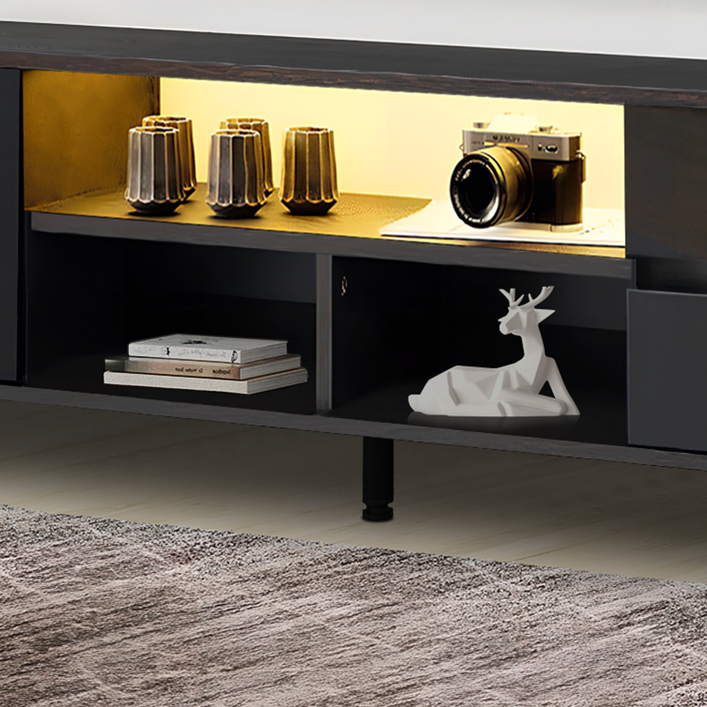 PORKISS TV Stand for TVs up to 70", Entertainment Center with LED Light, TV Console Cabinet with Shelves, Black Brown
