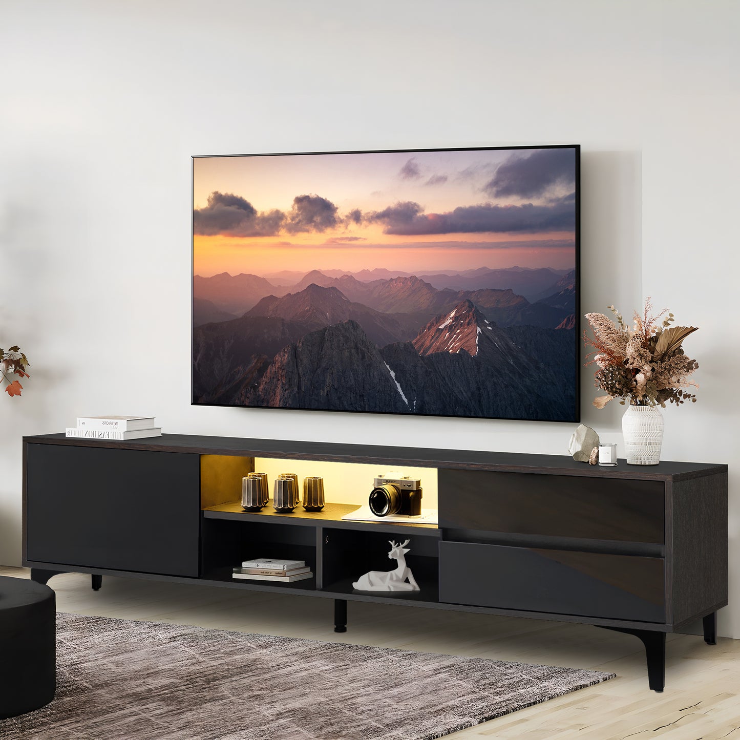 PORKISS TV Stand for TVs up to 70", Entertainment Center with LED Light, TV Console Cabinet with Shelves, Black Brown