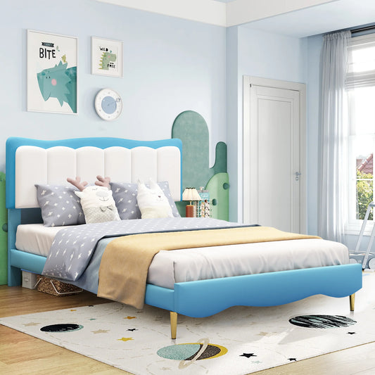 PORKISS Blue Full Bed Frame for Kids with Adjustable Headboard, Leather Upholstered Full Platform Bed for Boys Girls, No Box Spring Needed and Easy to Assemble, Blue White