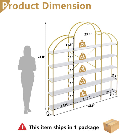 PORKISS 5 Tier Bookshelf, 74.8" Wood Tall Display Storage Shelf with Metal Frame, Freestanding Modern Etagere Bookcase for Adults, Bedroom, Living Room, Home Office, Gold/White