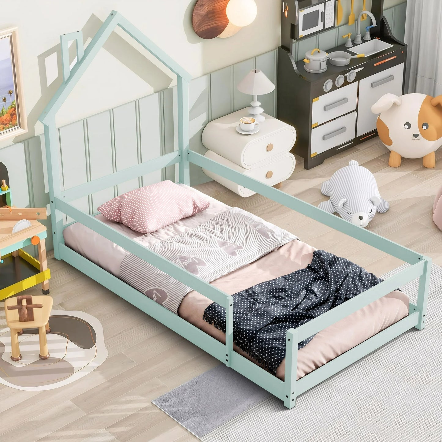 PORKISS Twin Bed Frame for Kids Boys Girls, Solid Wood Platform Bed with House-shaped Headboard, Floor Bed, Gray