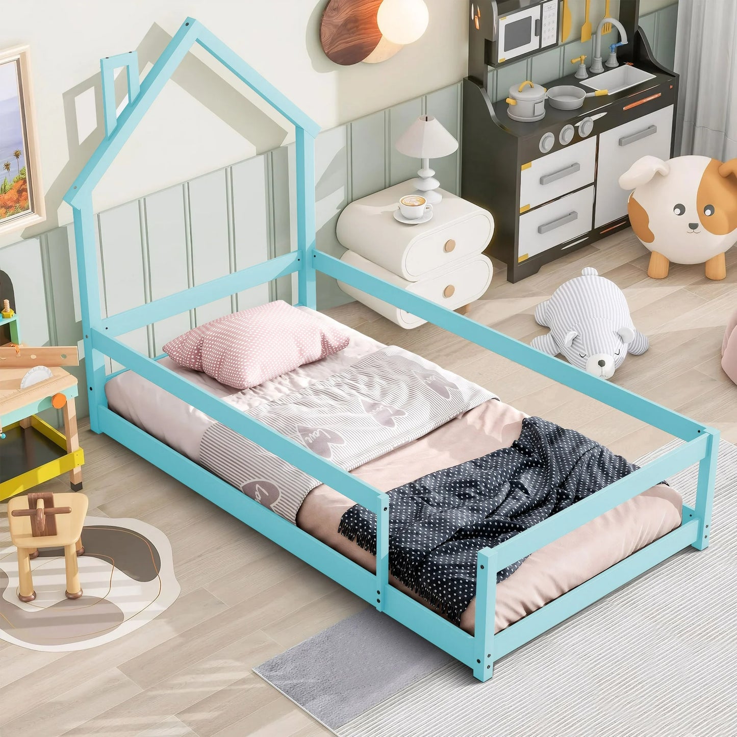 PORKISS Twin Bed Frame for Kids Boys Girls, Solid Wood Platform Bed with House-shaped Headboard, Floor Bed, Gray