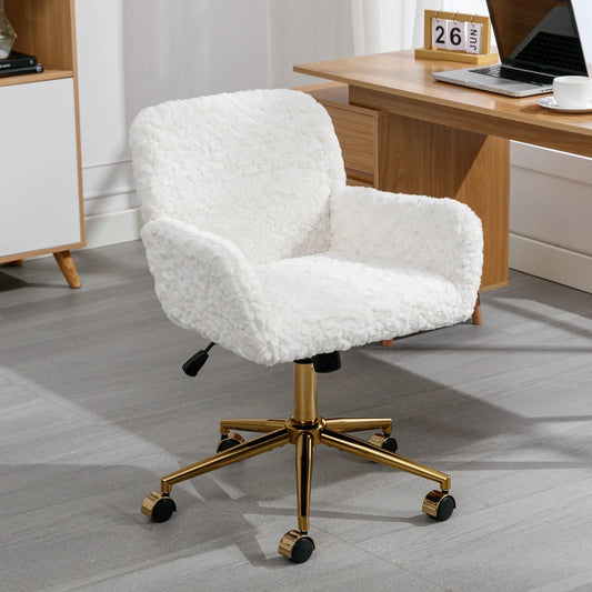 Home Office Chair, Ergonomic Home Desk Chair with Artificial Rabbit Hair, Adjustable Swivel Vanity Task Computer Chair with Arm, Wheels, Beige