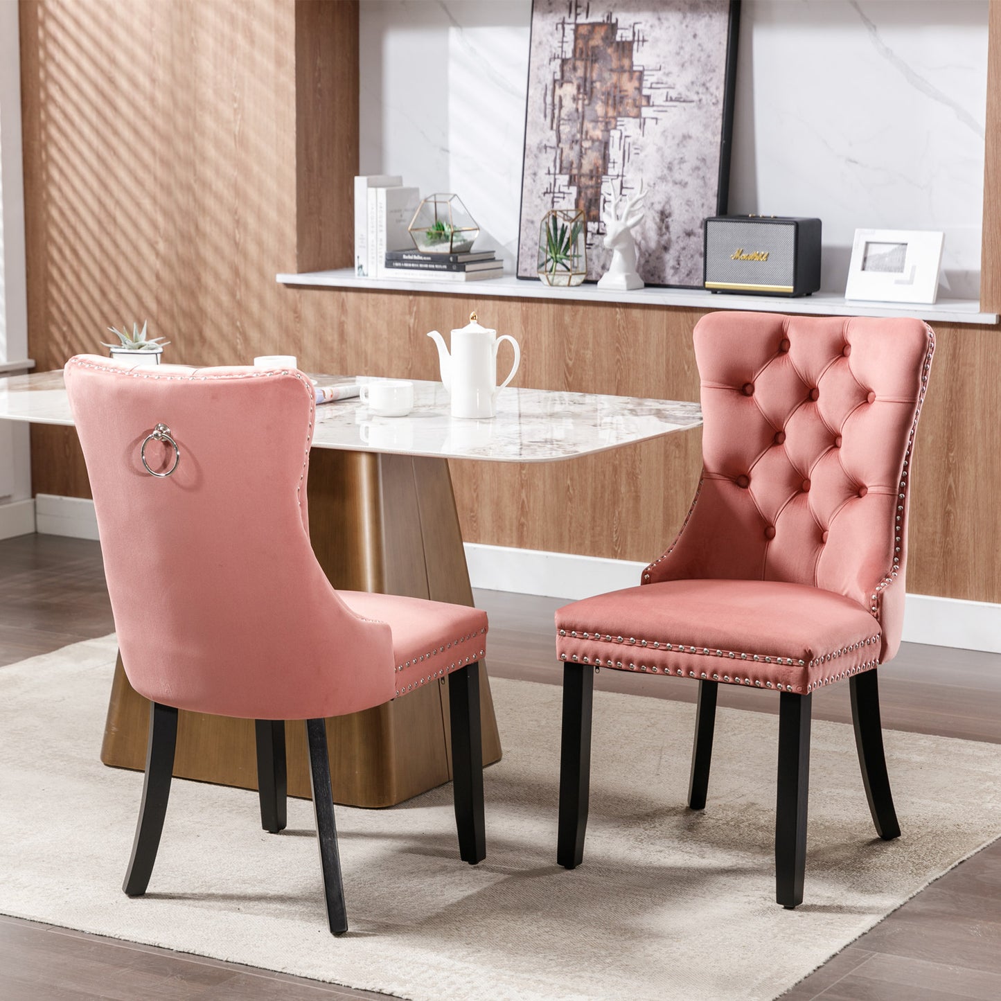PORKISS Dining Chairs Set of 2, Upholstered High-End Tufted Dining Room Chair with Back Ring and Nailhead Trim, Modern Velvet Chairs with Solid Wood Legs for Kitchen