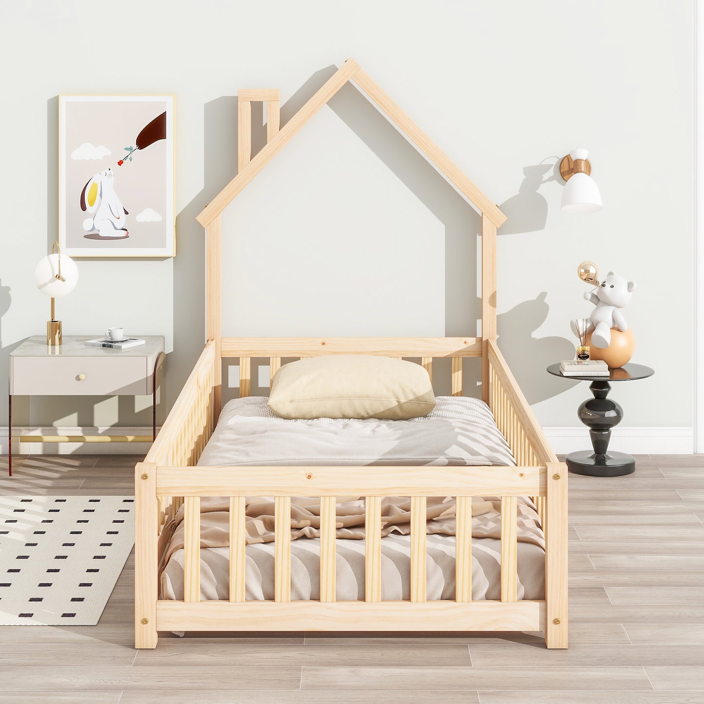 PORKISS Full Size House Platform Bed for Kids with House-Shaped Headboard, Low Floor Bed with Guardrails Fence, White