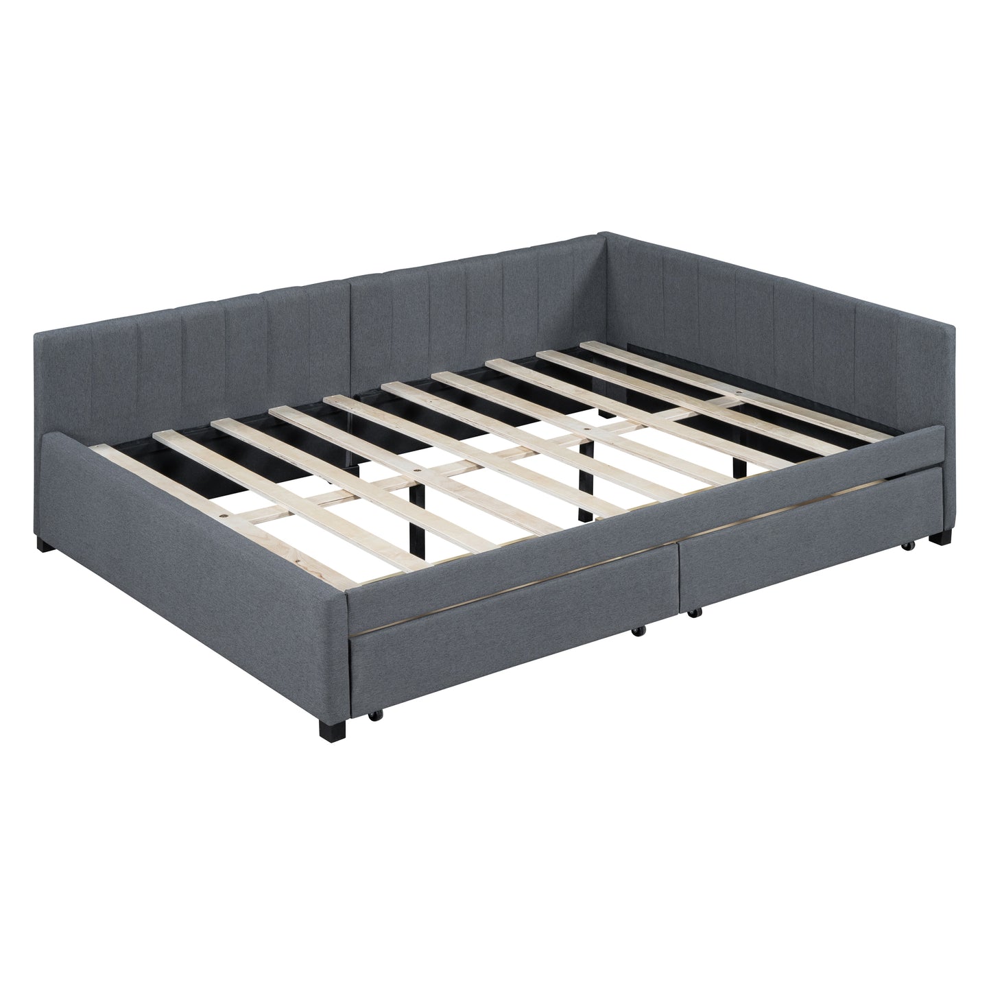 PORKISS Full Size Daybed Frame with 2 Storage Drawers, Tufted Upholstered Sofa Bed Frame No Box Spring Needed, for Living Room, Bedroom, Guest Room, Gray