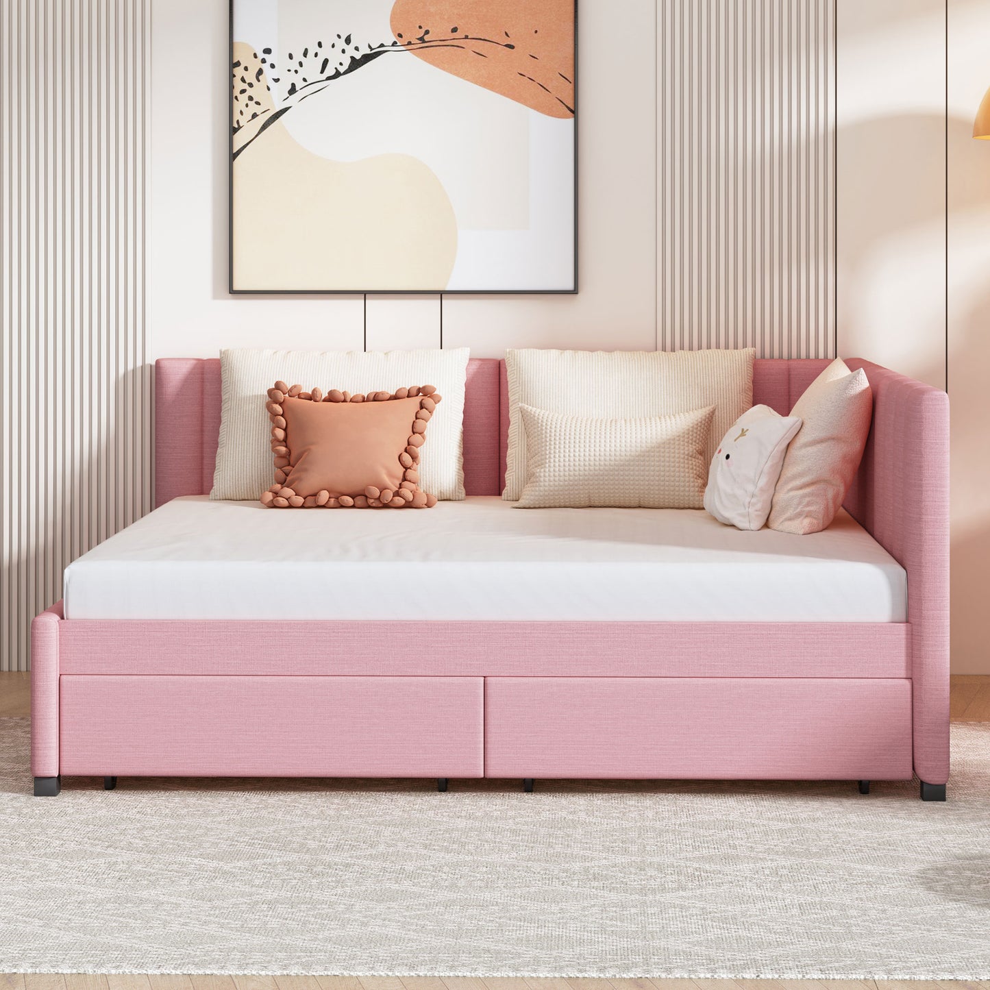 PORKISS Full Size Daybed Frame with 2 Storage Drawers, Tufted Upholstered Sofa Bed Frame No Box Spring Needed, for Living Room, Bedroom, Guest Room, Gray
