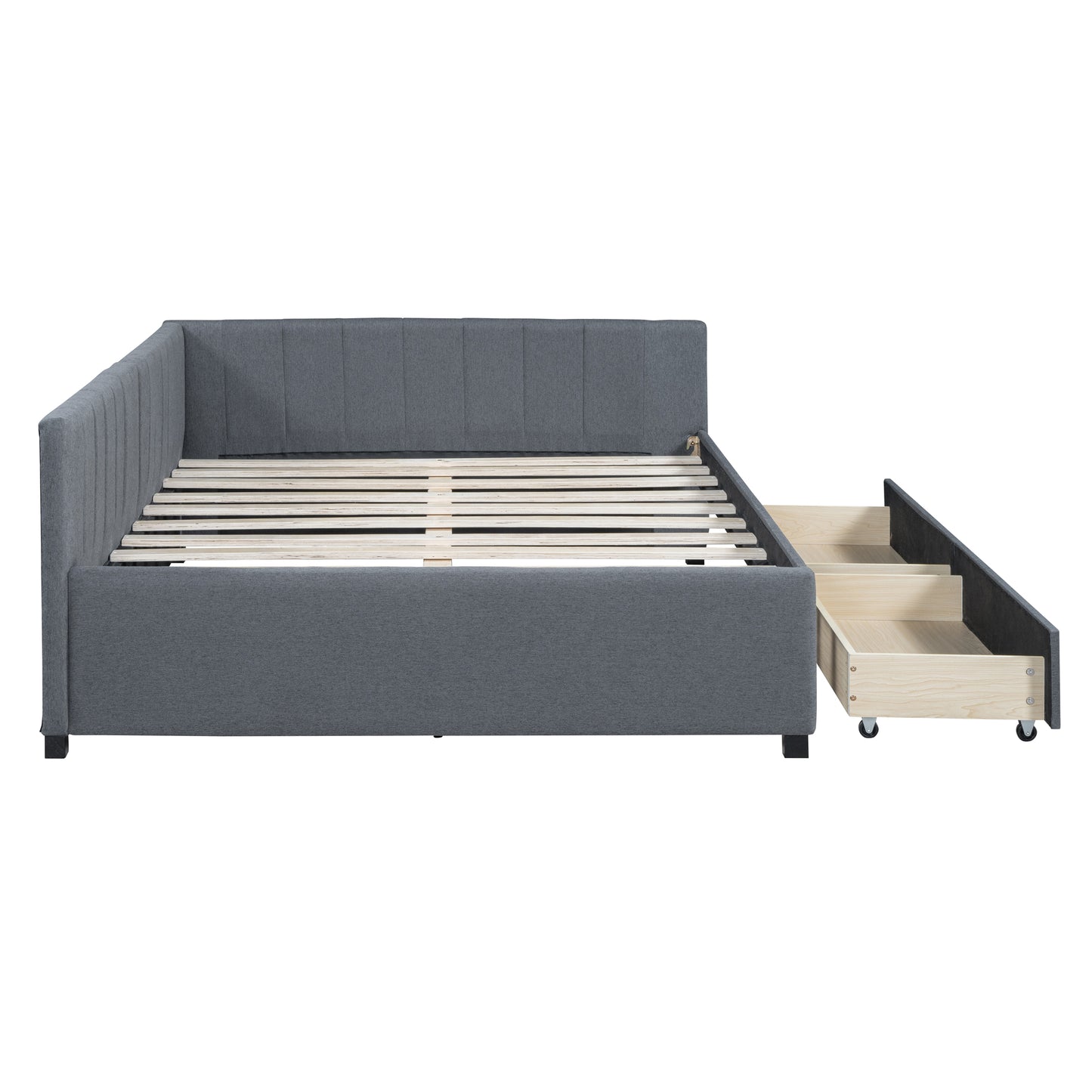 PORKISS Full Size Daybed Frame with 2 Storage Drawers, Tufted Upholstered Sofa Bed Frame No Box Spring Needed, for Living Room, Bedroom, Guest Room, Gray