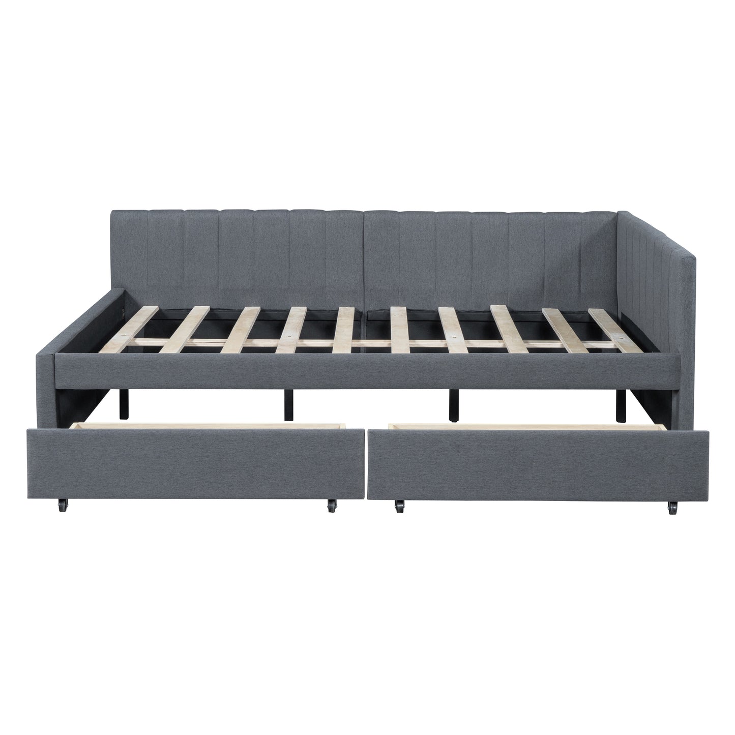 PORKISS Full Size Daybed Frame with 2 Storage Drawers, Tufted Upholstered Sofa Bed Frame No Box Spring Needed, for Living Room, Bedroom, Guest Room, Gray