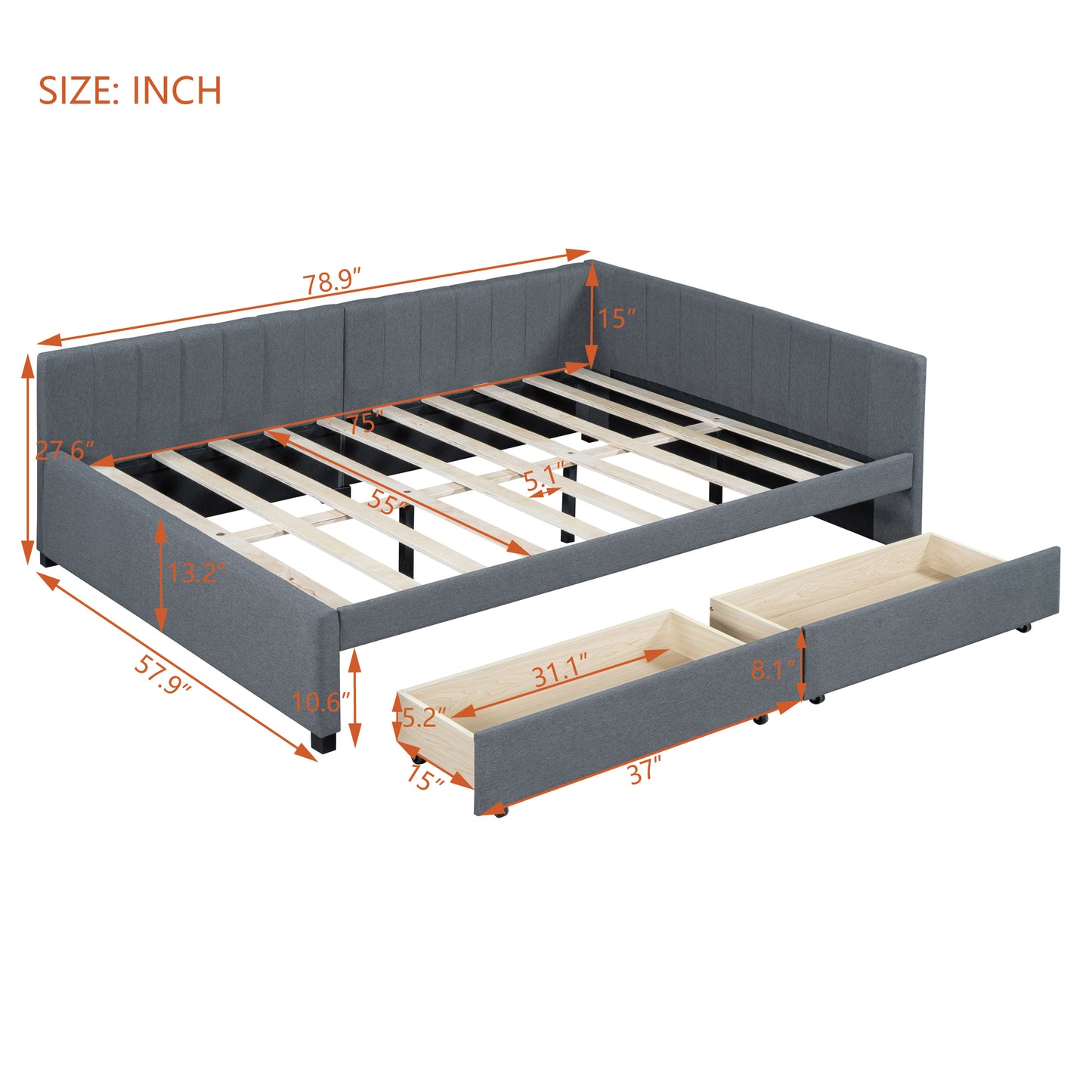 PORKISS Full Size Daybed Frame with 2 Storage Drawers, Tufted Upholstered Sofa Bed Frame No Box Spring Needed, for Living Room, Bedroom, Guest Room, Gray