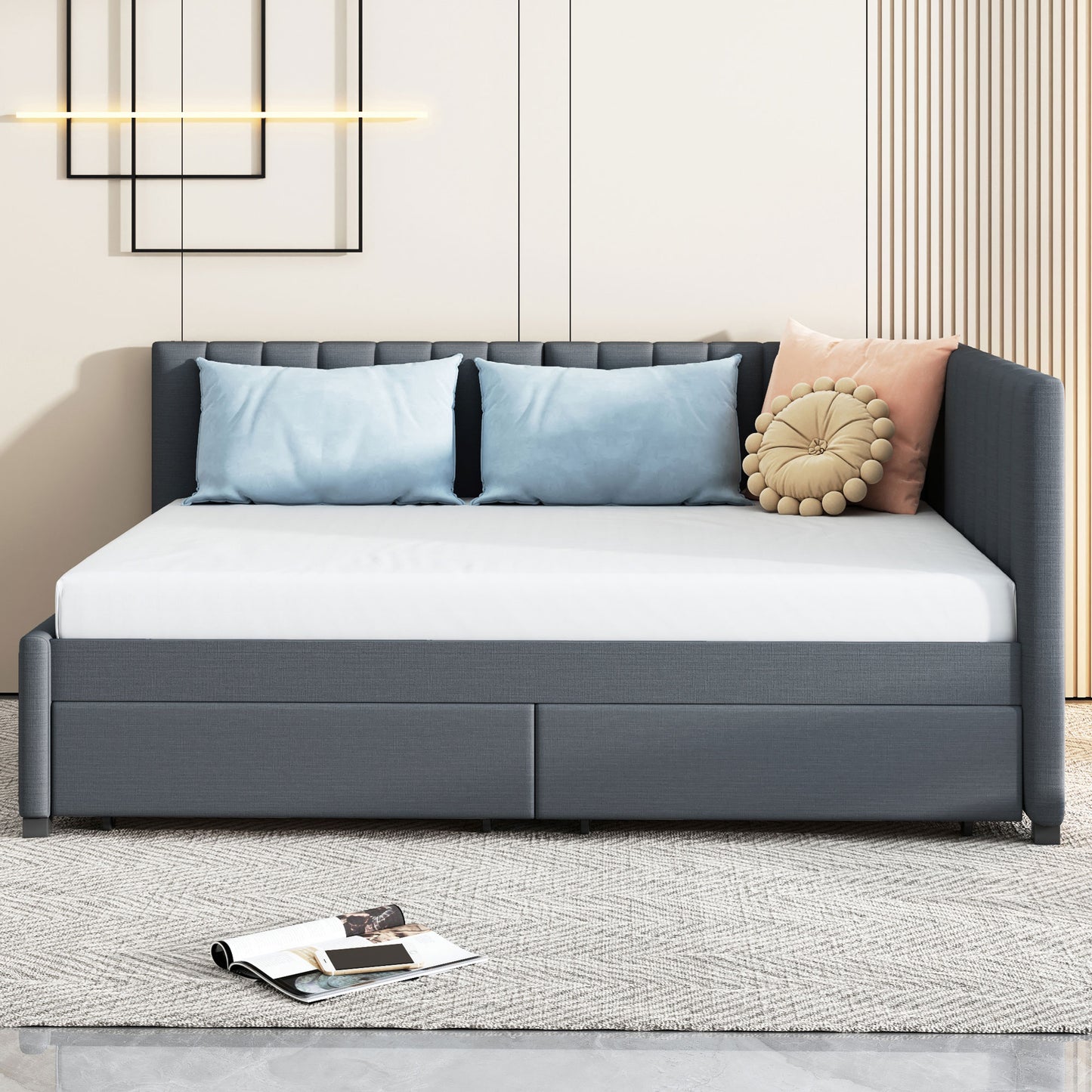 PORKISS Full Size Daybed Frame with 2 Storage Drawers, Tufted Upholstered Sofa Bed Frame No Box Spring Needed, for Living Room, Bedroom, Guest Room, Gray