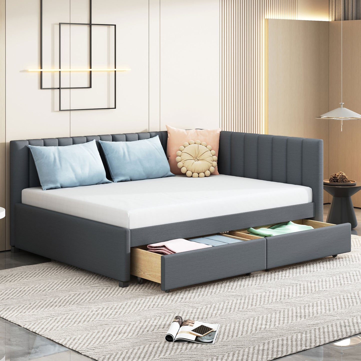 PORKISS Full Size Daybed Frame with 2 Storage Drawers, Tufted Upholstered Sofa Bed Frame No Box Spring Needed, for Living Room, Bedroom, Guest Room, Gray