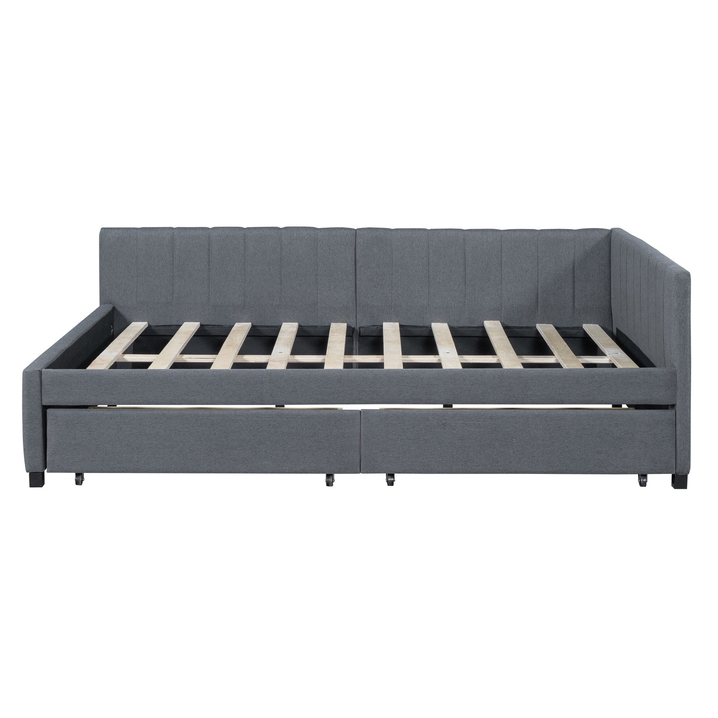 PORKISS Full Size Daybed Frame with 2 Storage Drawers, Tufted Upholstered Sofa Bed Frame No Box Spring Needed, for Living Room, Bedroom, Guest Room, Gray