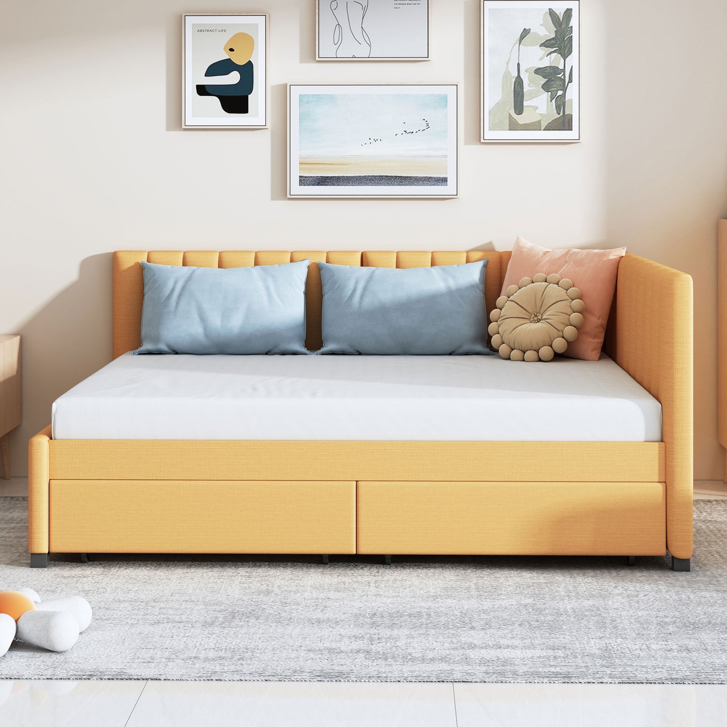 PORKISS Full Size Daybed Frame with 2 Storage Drawers, Tufted Upholstered Sofa Bed Frame No Box Spring Needed, for Living Room, Bedroom, Guest Room, Gray