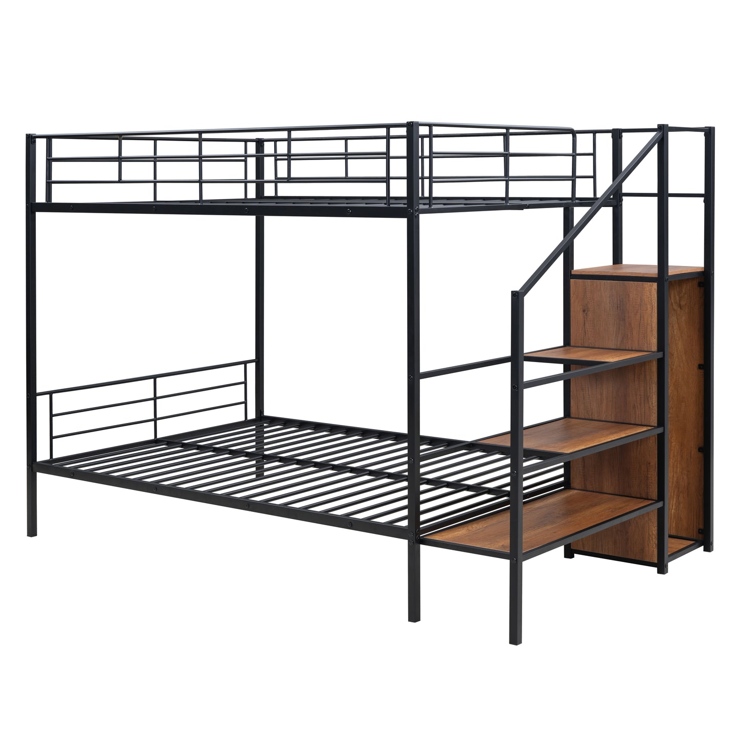 PORKISS Full Metal Bunk Beds, Industrial Metal Bunk Beds with Lateral Storage Ladder and Wardrobe, Bunkbeds for Teens, Metal Twin Bunk Bed Frame with Ladder and Full-Length Guardrail, Black