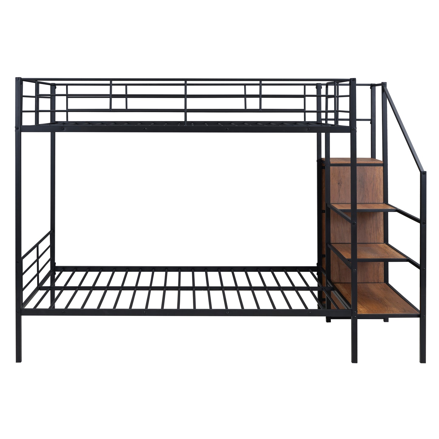 PORKISS Full Metal Bunk Beds, Industrial Metal Bunk Beds with Lateral Storage Ladder and Wardrobe, Bunkbeds for Teens, Metal Twin Bunk Bed Frame with Ladder and Full-Length Guardrail, Black