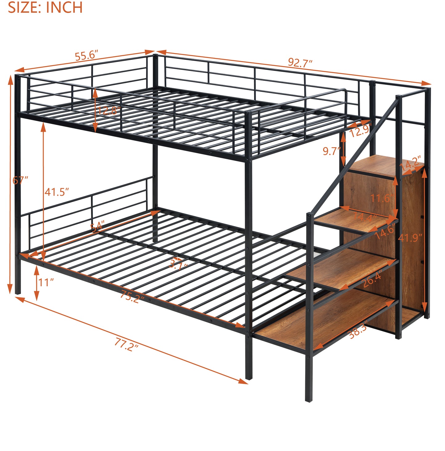 PORKISS Full Metal Bunk Beds, Industrial Metal Bunk Beds with Lateral Storage Ladder and Wardrobe, Bunkbeds for Teens, Metal Twin Bunk Bed Frame with Ladder and Full-Length Guardrail, Black