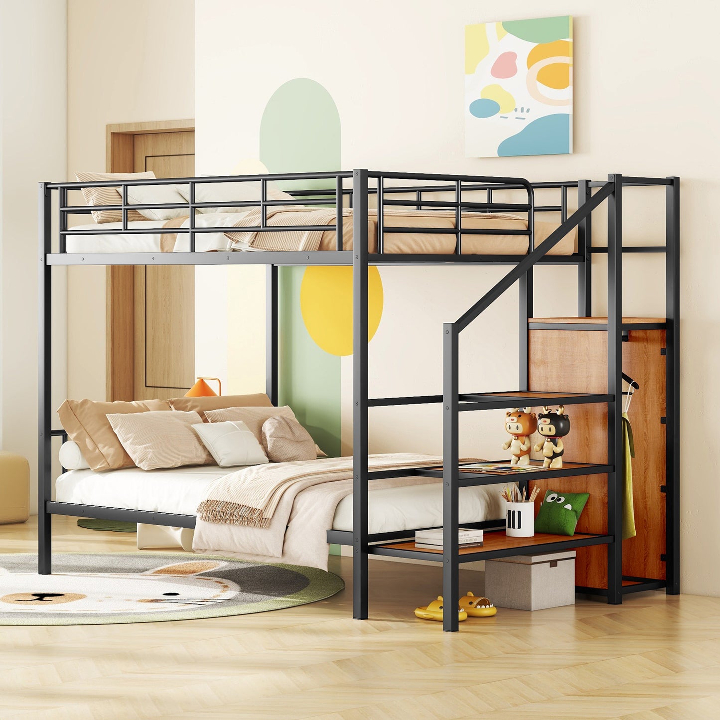 PORKISS Full Metal Bunk Beds, Industrial Metal Bunk Beds with Lateral Storage Ladder and Wardrobe, Bunkbeds for Teens, Metal Twin Bunk Bed Frame with Ladder and Full-Length Guardrail, Black