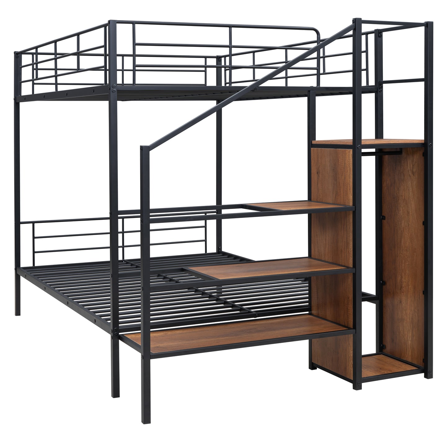 PORKISS Full Metal Bunk Beds, Industrial Metal Bunk Beds with Lateral Storage Ladder and Wardrobe, Bunkbeds for Teens, Metal Twin Bunk Bed Frame with Ladder and Full-Length Guardrail, Black
