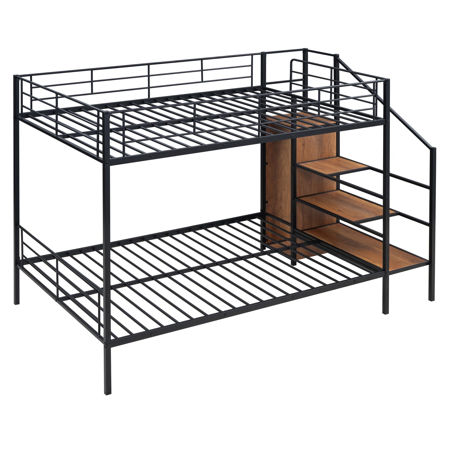 PORKISS Full Metal Bunk Beds, Industrial Metal Bunk Beds with Lateral Storage Ladder and Wardrobe, Bunkbeds for Teens, Metal Twin Bunk Bed Frame with Ladder and Full-Length Guardrail, Black