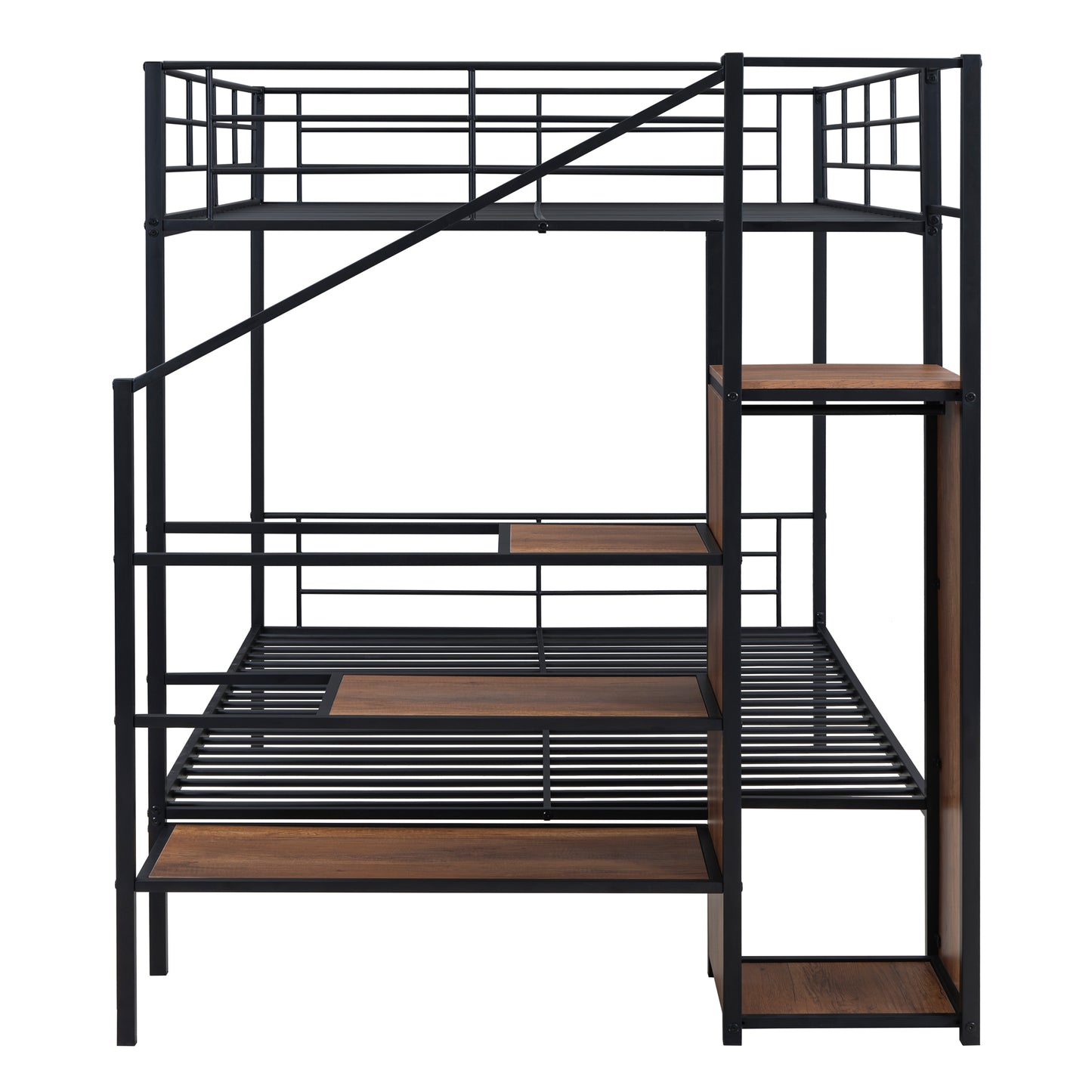 PORKISS Full Metal Bunk Beds, Industrial Metal Bunk Beds with Lateral Storage Ladder and Wardrobe, Bunkbeds for Teens, Metal Twin Bunk Bed Frame with Ladder and Full-Length Guardrail, Black