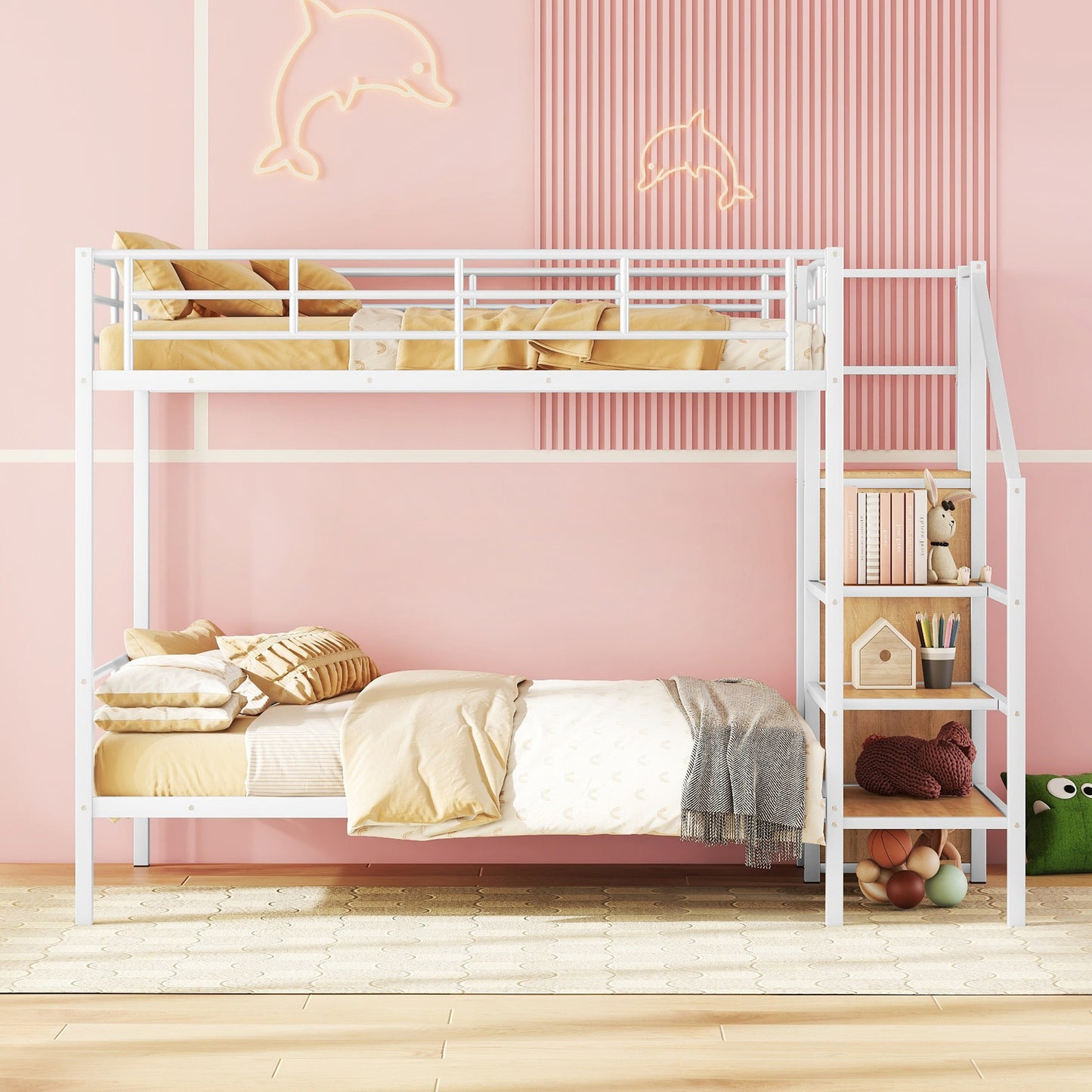 PORKISS Full Metal Bunk Beds, Industrial Metal Bunk Beds with Lateral Storage Ladder and Wardrobe, Bunkbeds for Teens, Metal Twin Bunk Bed Frame with Ladder and Full-Length Guardrail, Black