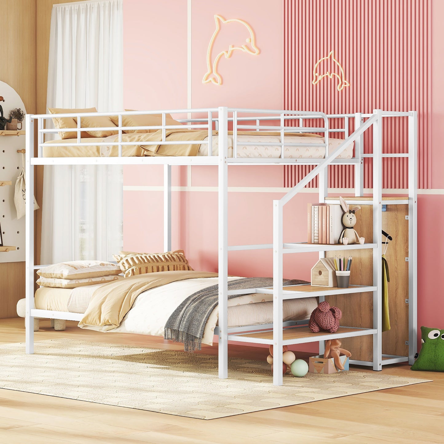 PORKISS Full Metal Bunk Beds, Industrial Metal Bunk Beds with Lateral Storage Ladder and Wardrobe, Bunkbeds for Teens, Metal Twin Bunk Bed Frame with Ladder and Full-Length Guardrail, Black