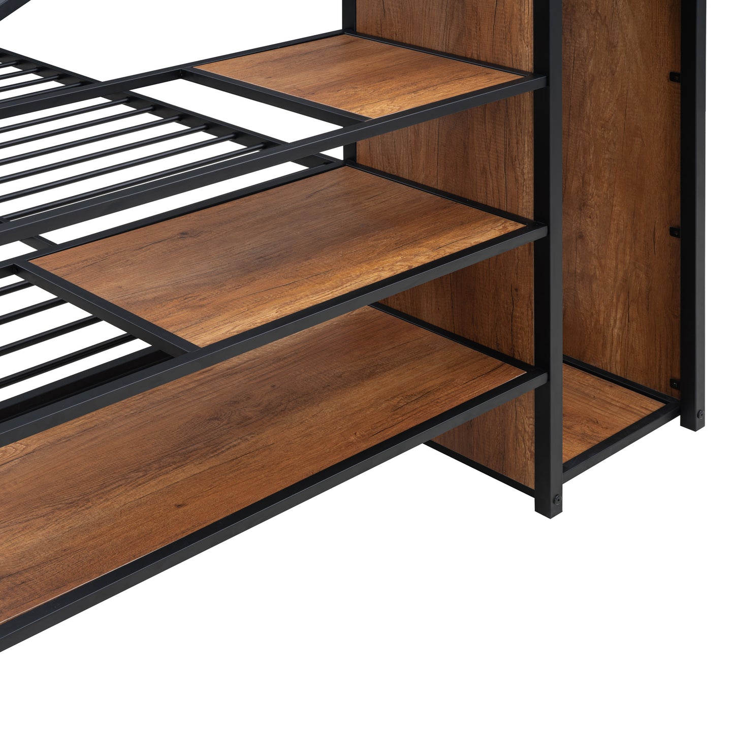 PORKISS Full Metal Bunk Beds, Industrial Metal Bunk Beds with Lateral Storage Ladder and Wardrobe, Bunkbeds for Teens, Metal Twin Bunk Bed Frame with Ladder and Full-Length Guardrail, Black