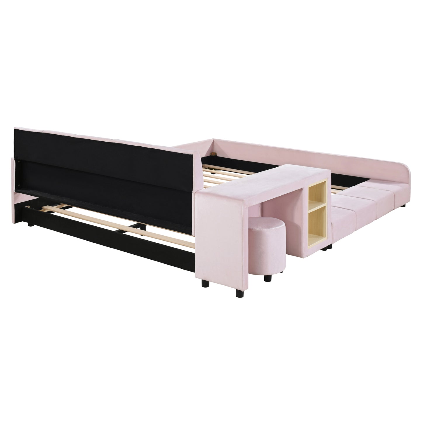 PORKISS Floor Bed Frame Queen Size Velvet Upholstered Grounded Bed with Surrounded Structure, Mother & Child Bed with Bedside Desk and Little Round Stool, Pink