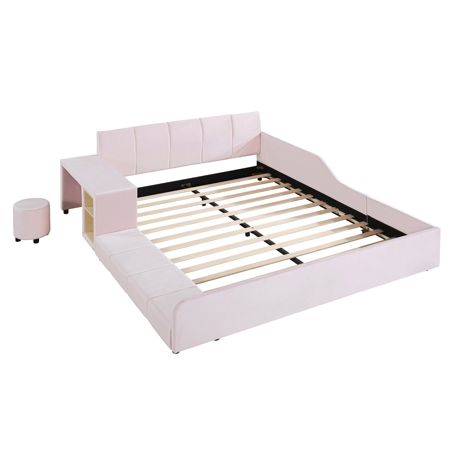 PORKISS Floor Bed Frame Queen Size Velvet Upholstered Grounded Bed with Surrounded Structure, Mother & Child Bed with Bedside Desk and Little Round Stool, Pink