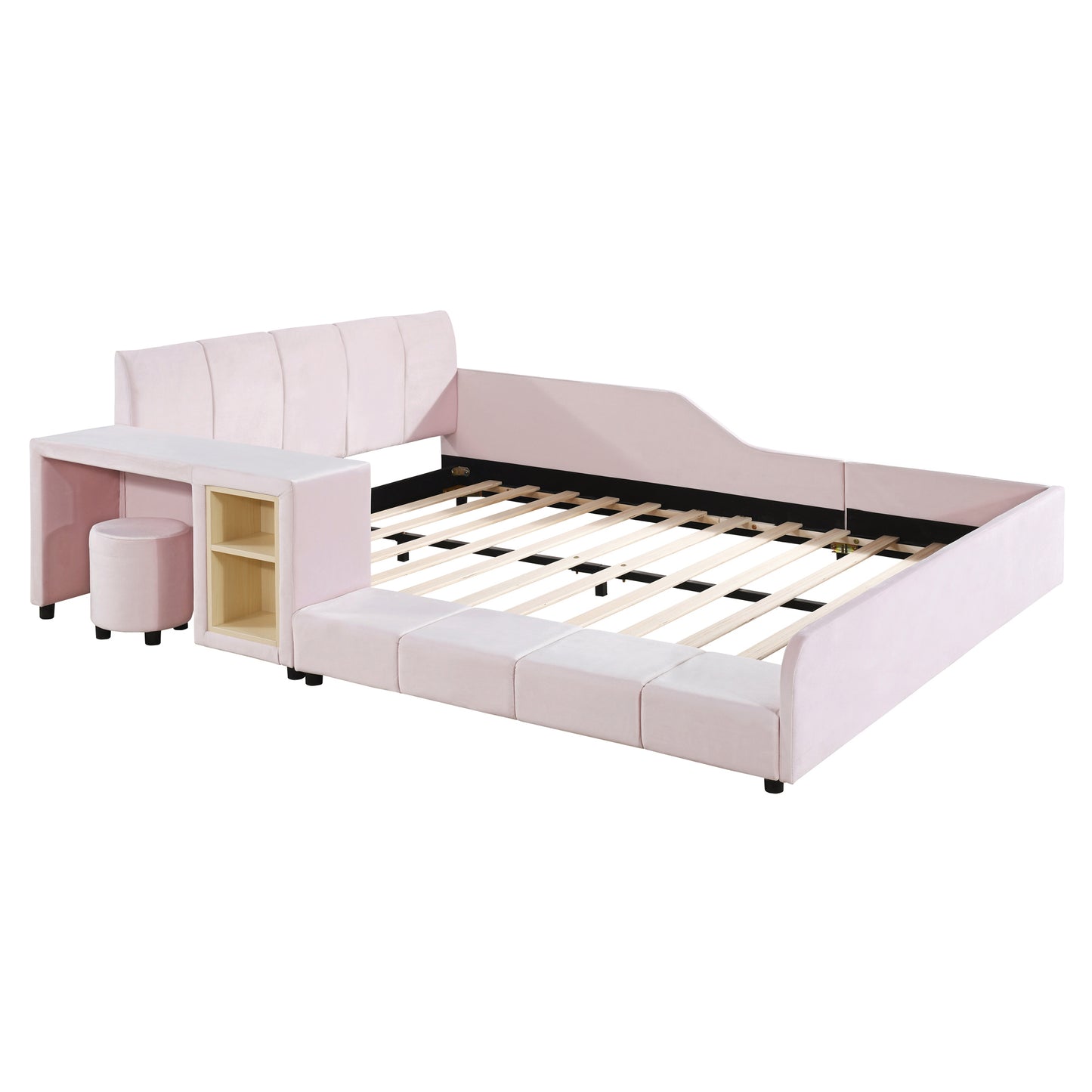 PORKISS Floor Bed Frame Queen Size Velvet Upholstered Grounded Bed with Surrounded Structure, Mother & Child Bed with Bedside Desk and Little Round Stool, Pink