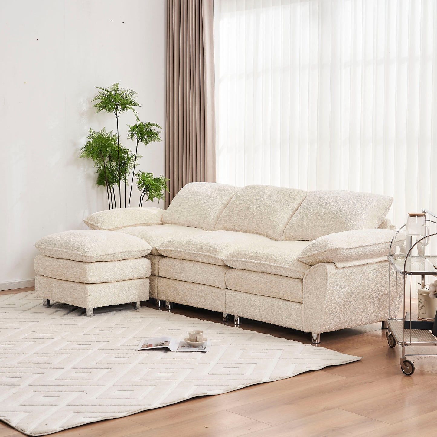 PORKISS Sectional Sofa Couch with Ottoman, 4 Seats L Shape Upholstered Sofas for Living Room, Apartment, Studio, Office, White