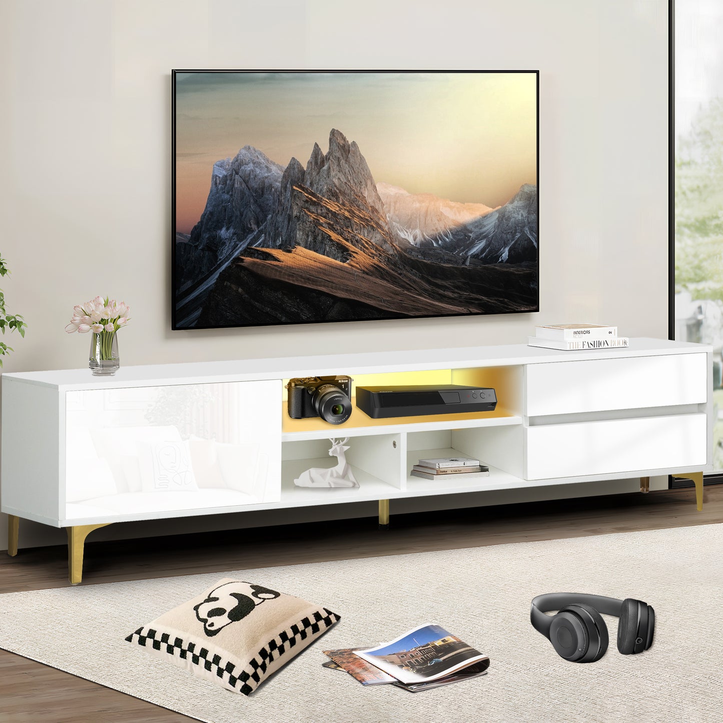 PORKISS TV Stand for TVs up to 70", Entertainment Center with LED Light, TV Console Cabinet with Shelves, Black Brown