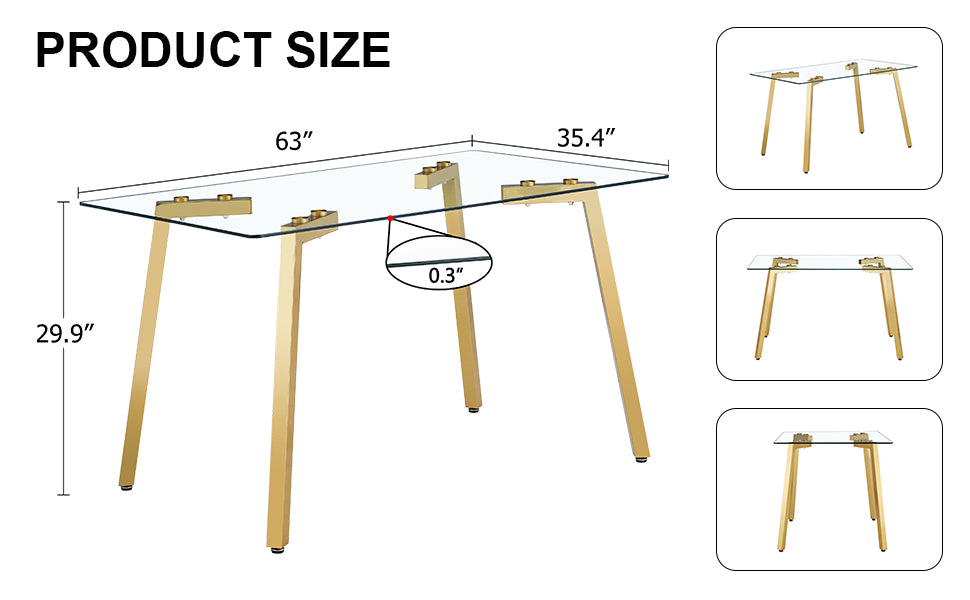 PORKISS Tempered Glass Dining Table with Metal Legs, Rectangle Glass Kitchen Table, 63 Inches, Gold