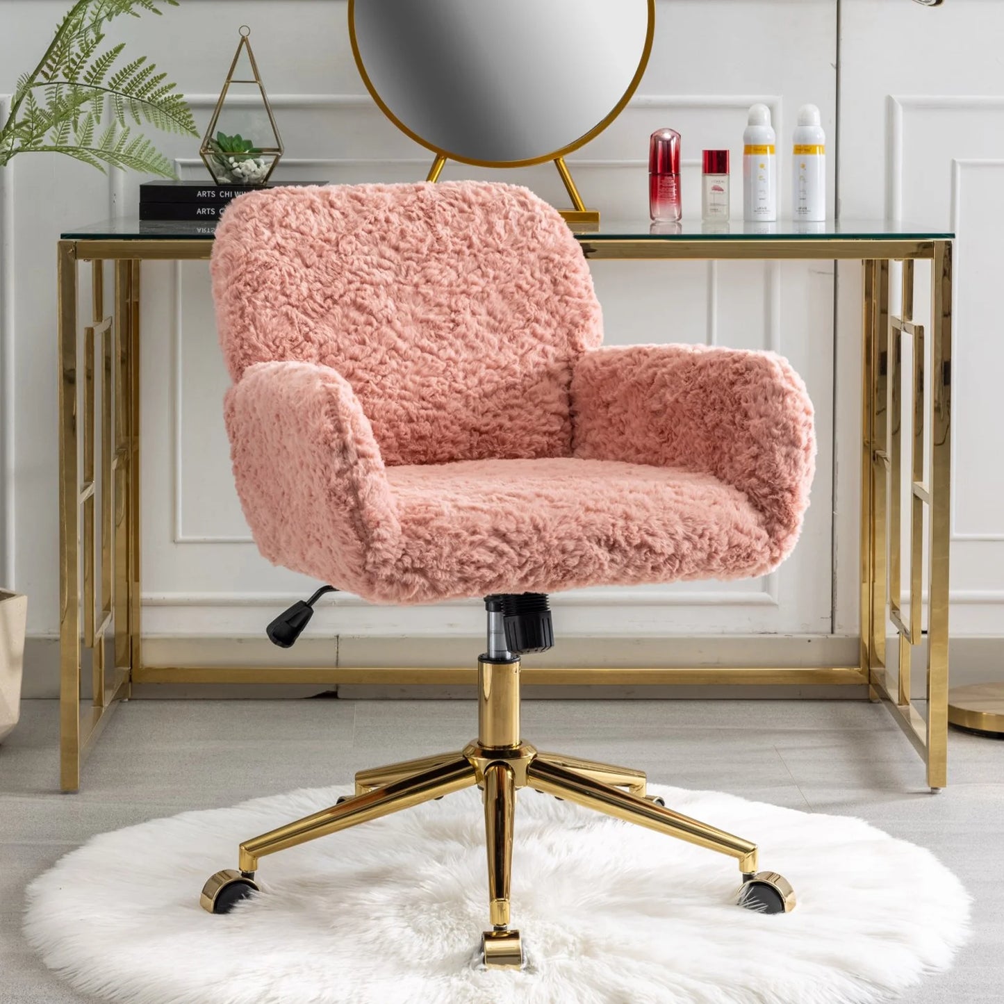 Home Office Chair, Ergonomic Home Desk Chair with Artificial Rabbit Hair, Adjustable Swivel Vanity Task Computer Chair with Arm, Wheels, Beige