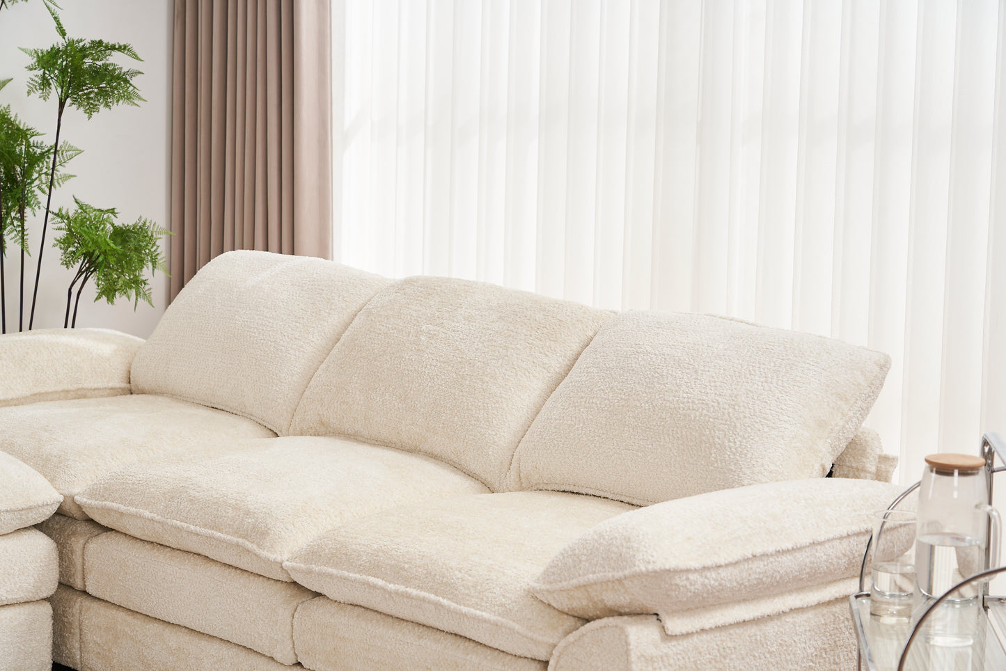 PORKISS Sectional Sofa Couch with Ottoman, 4 Seats L Shape Upholstered Sofas for Living Room, Apartment, Studio, Office, White