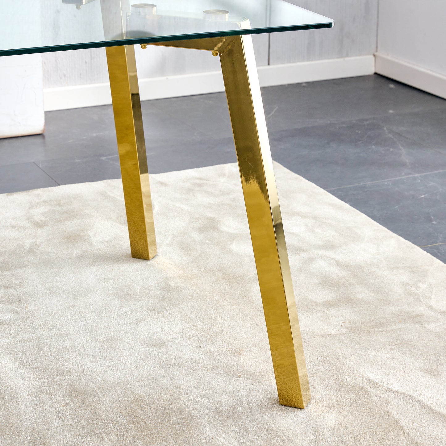 PORKISS Tempered Glass Dining Table with Metal Legs, Rectangle Glass Kitchen Table, 63 Inches, Gold