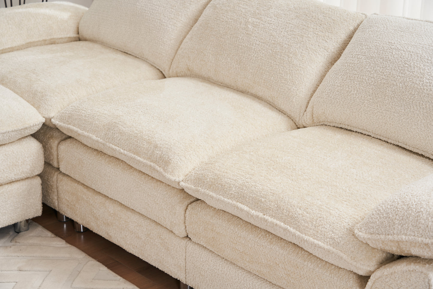 PORKISS Sectional Sofa Couch with Ottoman, 4 Seats L Shape Upholstered Sofas for Living Room, Apartment, Studio, Office, White