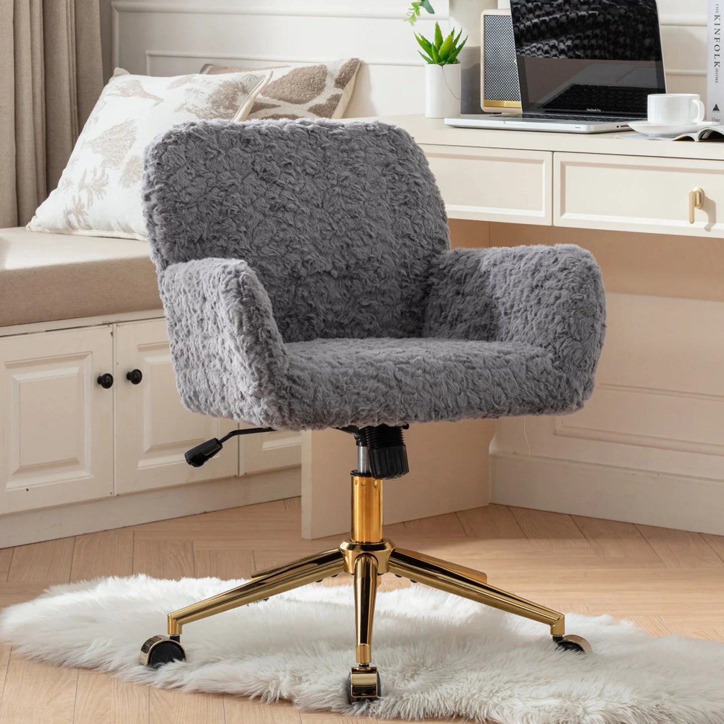 Home Office Chair, Ergonomic Home Desk Chair with Artificial Rabbit Hair, Adjustable Swivel Vanity Task Computer Chair with Arm, Wheels, Beige