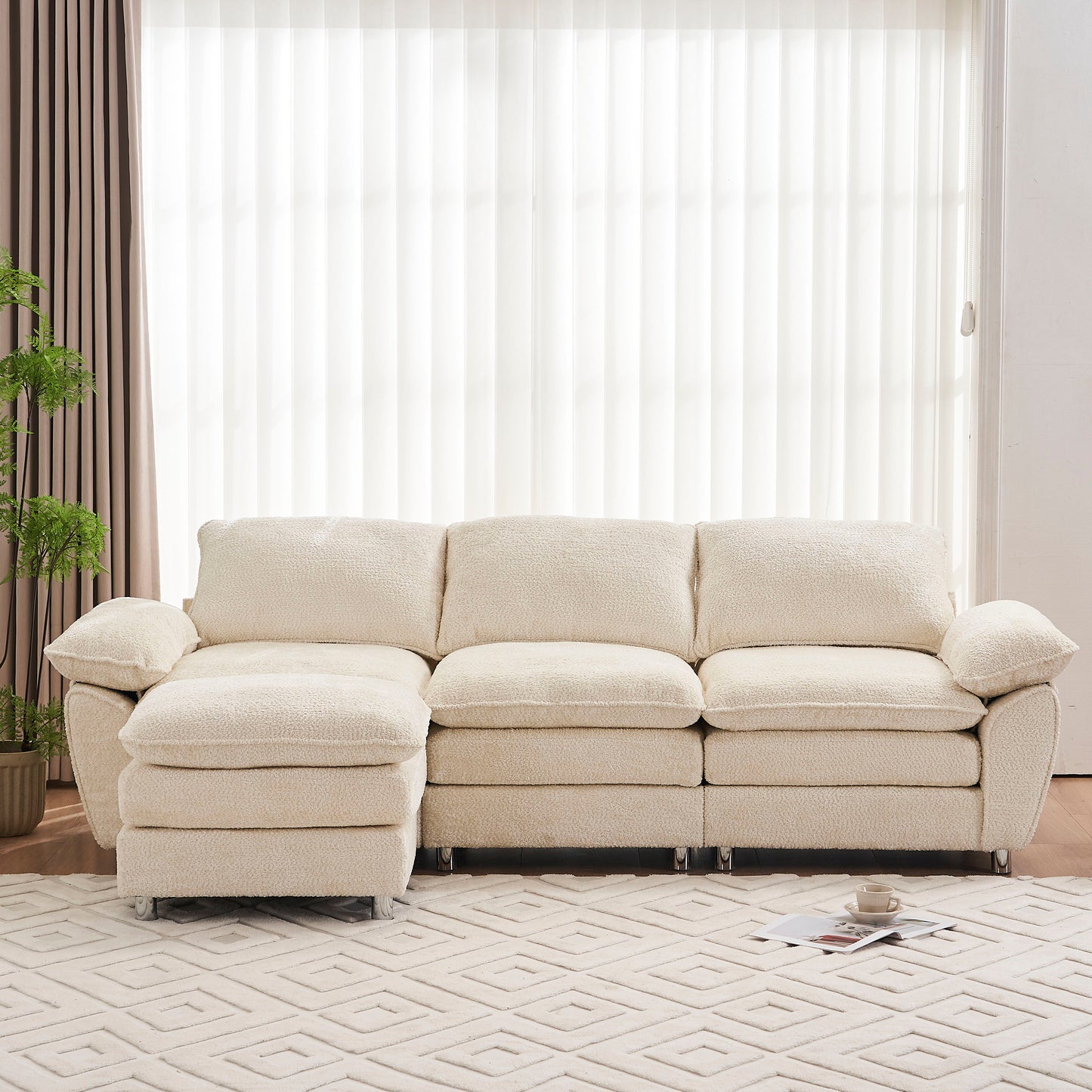 PORKISS Sectional Sofa Couch with Ottoman, 4 Seats L Shape Upholstered Sofas for Living Room, Apartment, Studio, Office, White