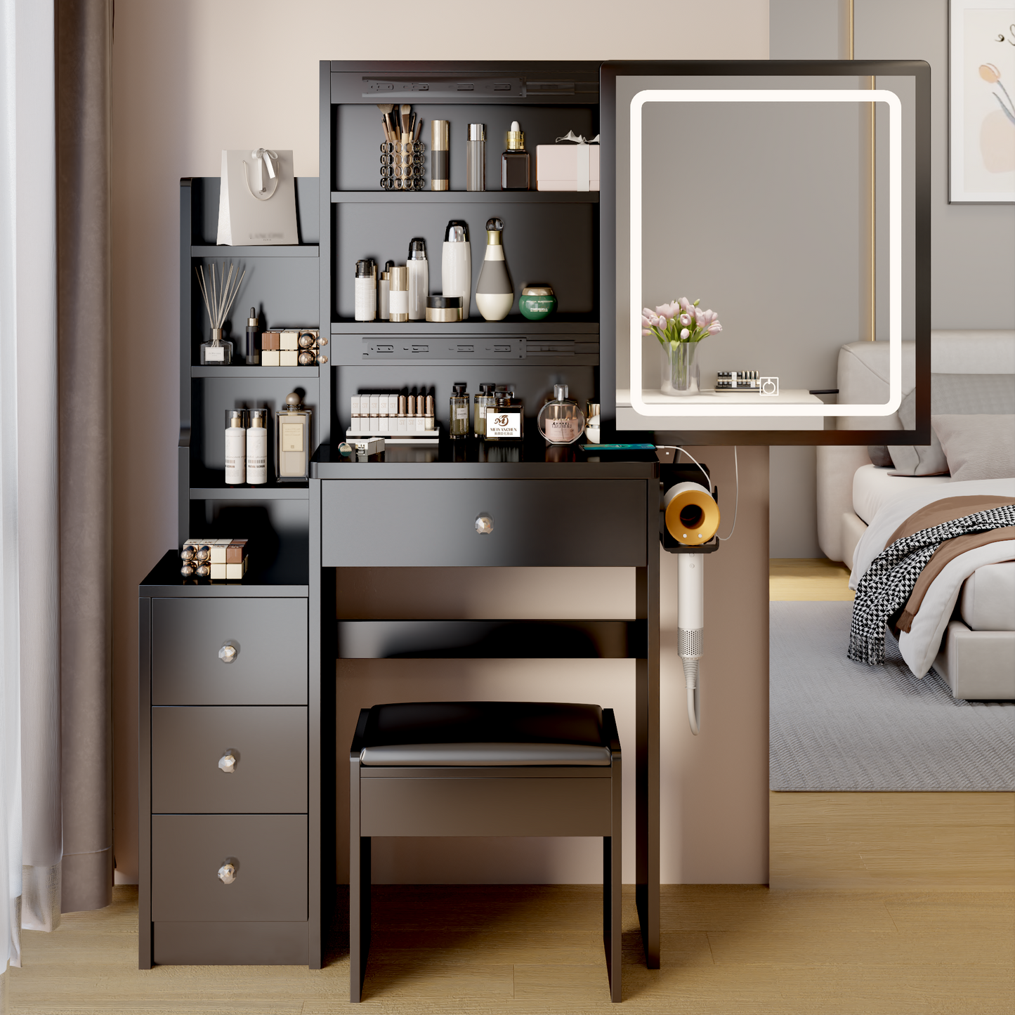 PORKISS Vanity Set with Sliding LED Mirror, Makeup Vanity with 2 AC and 2 USB Power Station, Modern Vanity Desk with Cushioned Stool and Hair Dryer Bracket, 3 Colors Lights, Black