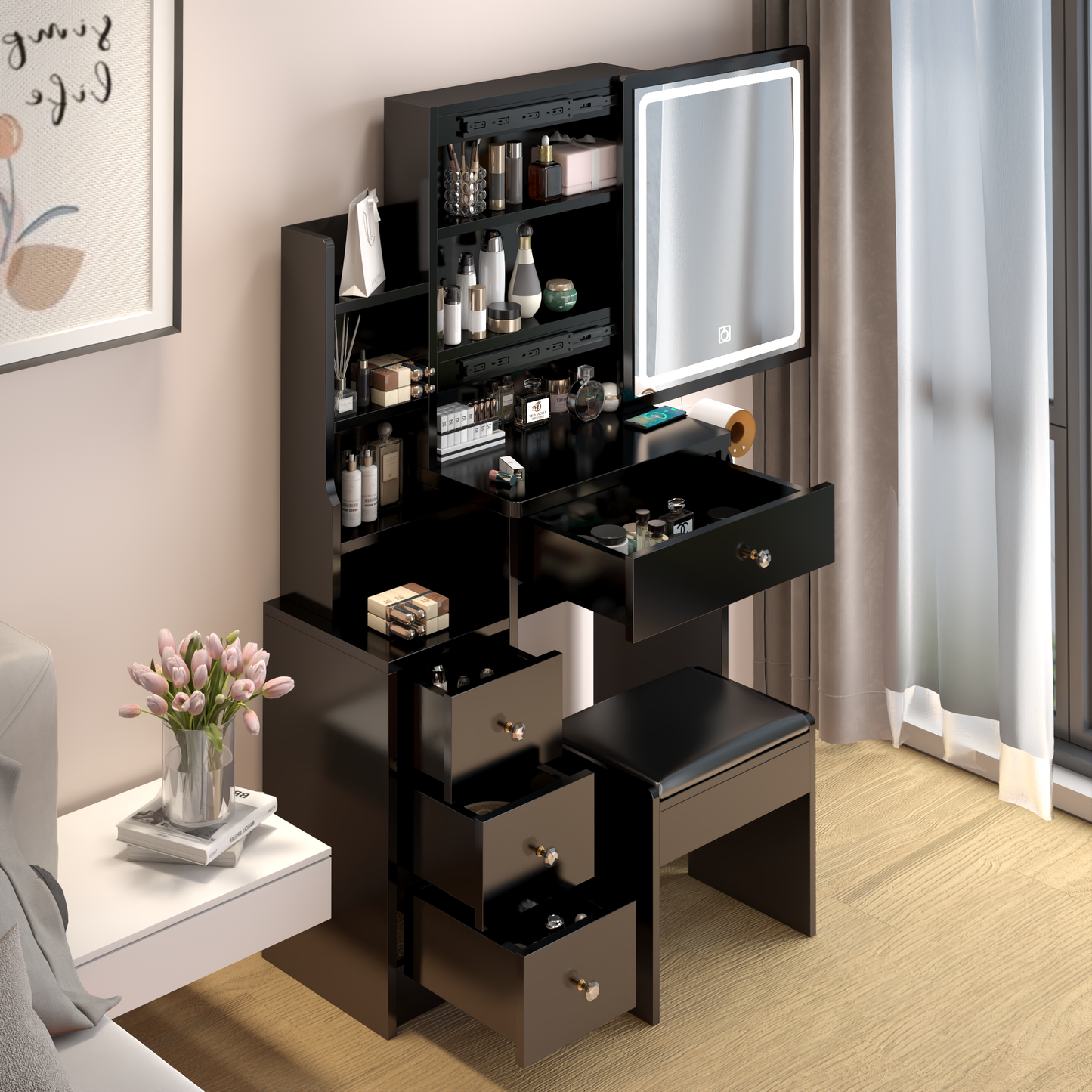 PORKISS Vanity Set with Sliding LED Mirror, Makeup Vanity with 2 AC and 2 USB Power Station, Modern Vanity Desk with Cushioned Stool and Hair Dryer Bracket, 3 Colors Lights, Black