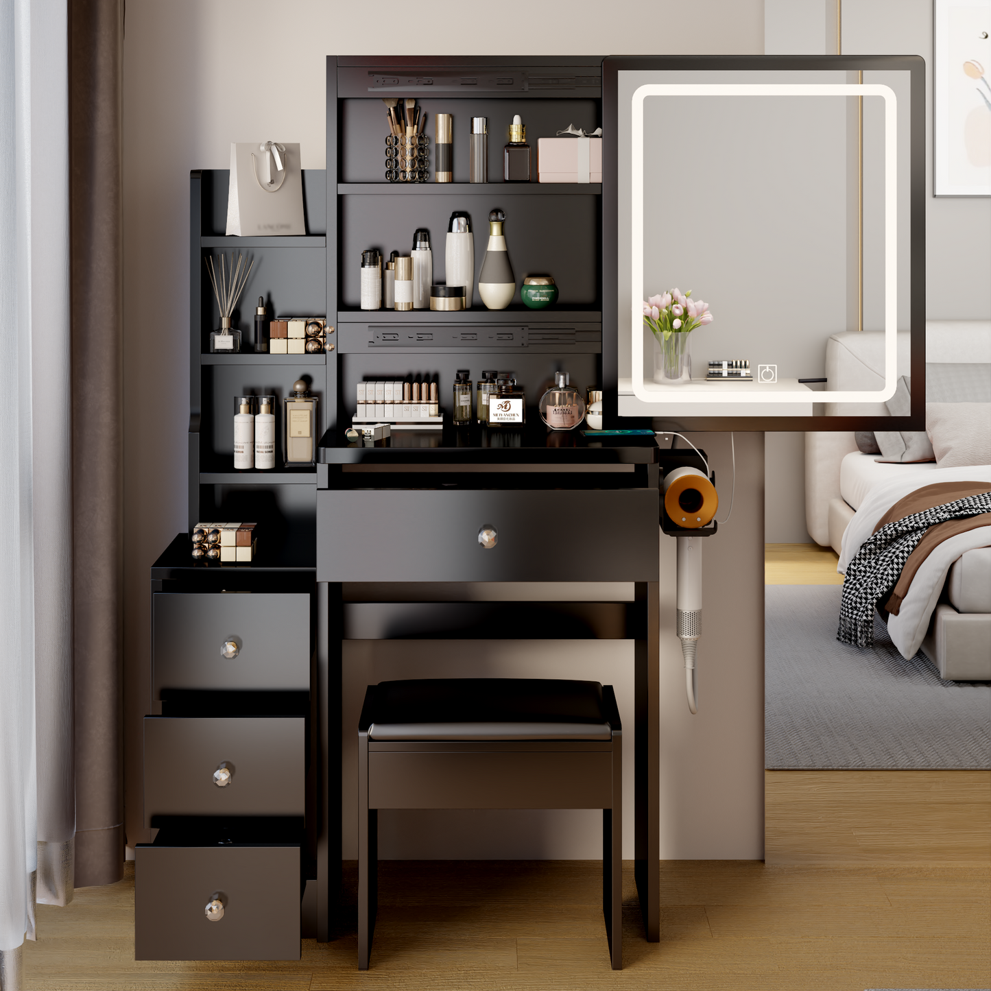 PORKISS Vanity Set with Sliding LED Mirror, Makeup Vanity with 2 AC and 2 USB Power Station, Modern Vanity Desk with Cushioned Stool and Hair Dryer Bracket, 3 Colors Lights, Black