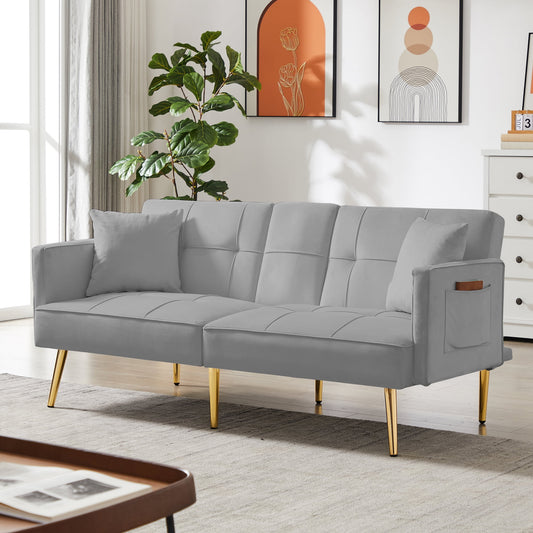 Modern Velvet Sofa with Gold Metal Legs,Switch from Sofa to a Comfy Bed in Just Seconds,Gray