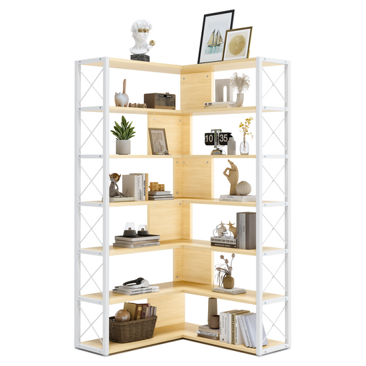 PORKISS 7-Tier Tall Corner Bookshelf, Wood 70.9" L-shaped Corner Bookcase with Metal Frame, Freestanding Open Display Storage Shelf for Living Room, Home Office, Modern Etagere Bookcase, Oak