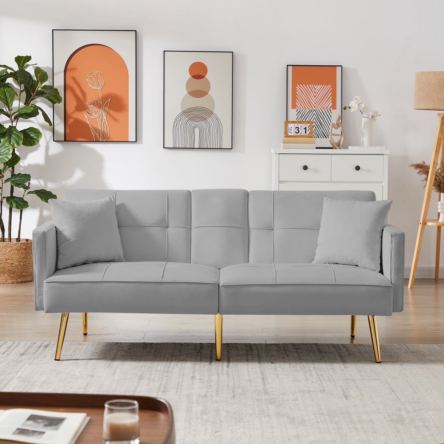 Modern Velvet Sofa with Gold Metal Legs,Switch from Sofa to a Comfy Bed in Just Seconds,Gray