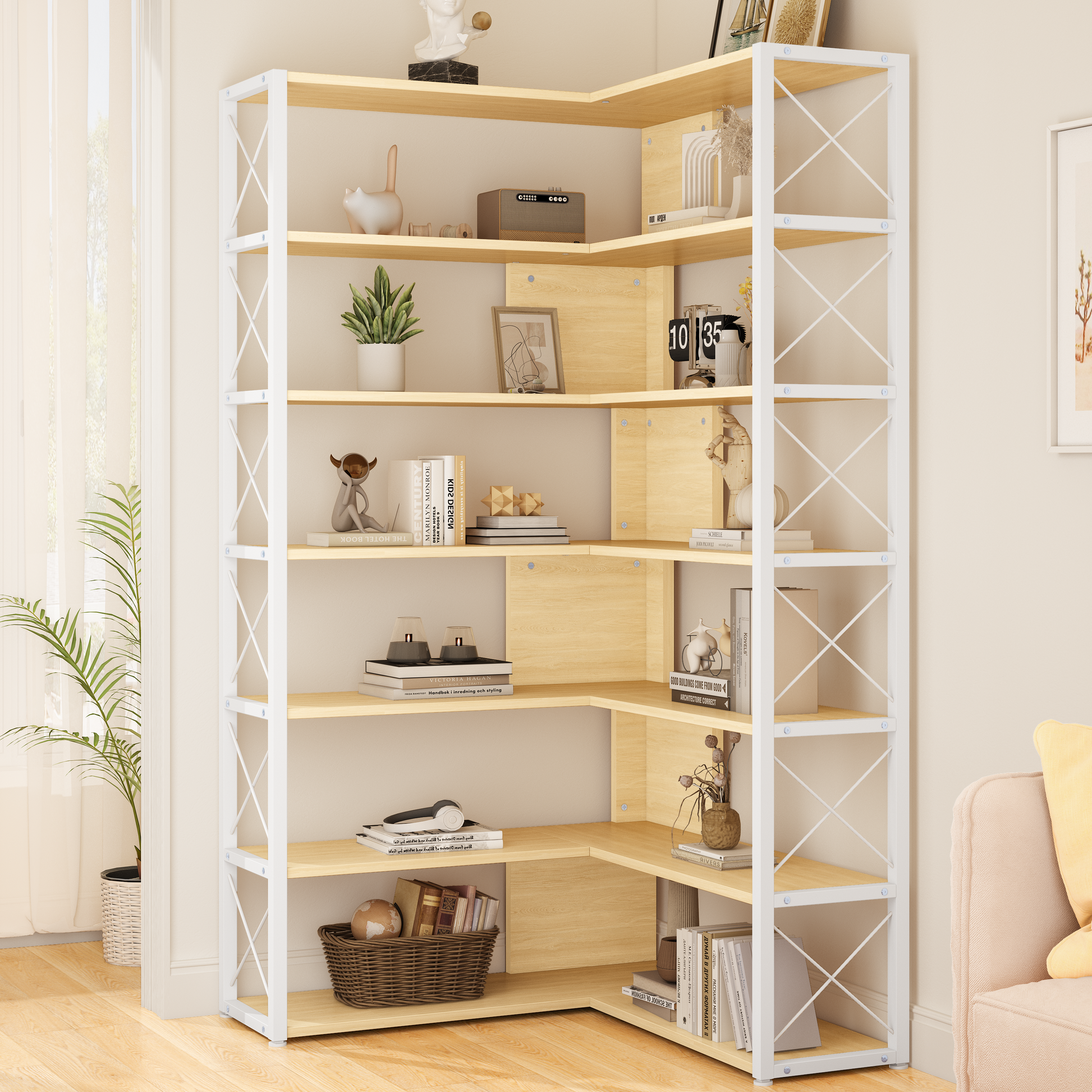PORKISS 7-Tier Tall Corner Bookshelf, Wood 70.9