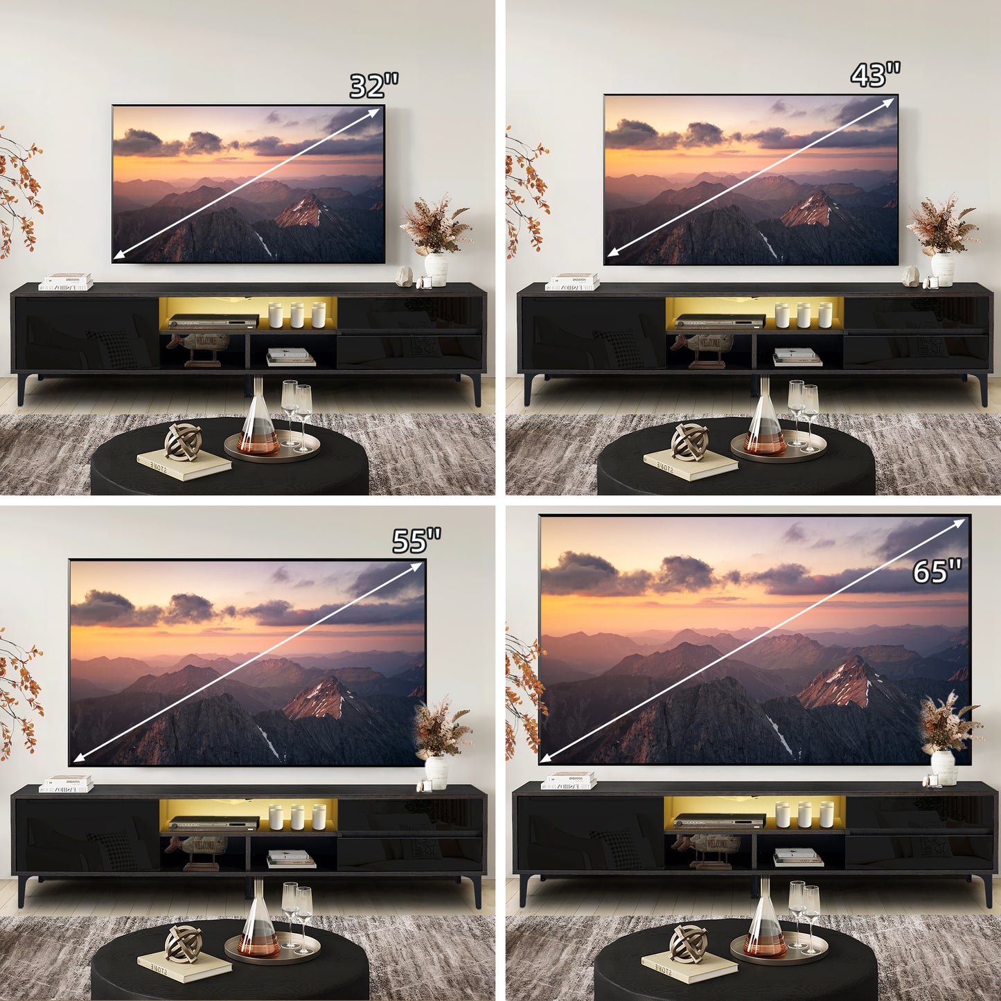 PORKISS TV Stand for TVs up to 70", Entertainment Center with LED Light, TV Console Cabinet with Shelves, Black Brown